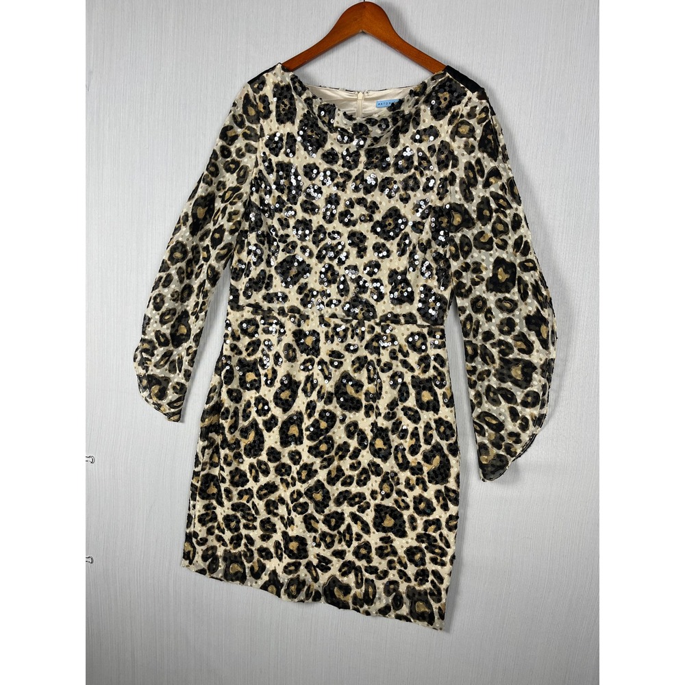 Antonio Melani Mini Dress Women 12 Leopard Sequin Split Sleeve‎ Glam Cocktail